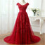 Short Sleeve Scoop Neckline Red Lace Beaded Cheap Long Evening Prom Dresses,17308