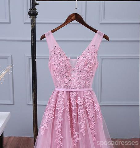 V Neckline Pink Lace Evening Prom Dresses, Popular Lace Party Prom Dresses, 17190