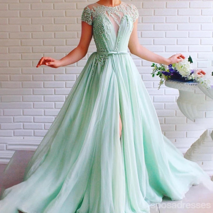 Mint Green A-line Short Sleeves Jewel High Slit Long Prom Dresses Online,12795