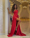 Red A-line One Shoulder High Slit Cheap Long Prom Dresses Online,12835