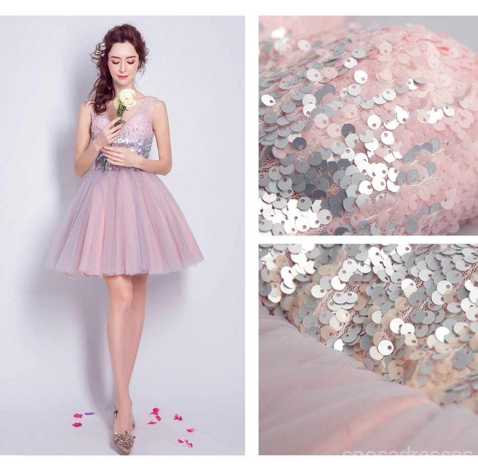 V Neck Dusty Pink Tulle Beaded Short Homecoming Dresses Online, Robes de bal courtes pas chères, CM845