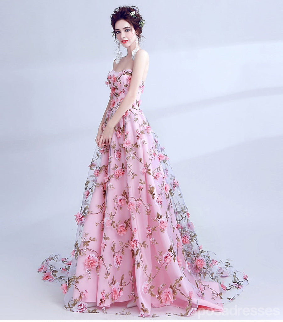 Cute Floral Pink A-line Sweetheart Long Prom Dresses Online, Dance Dresses,12750