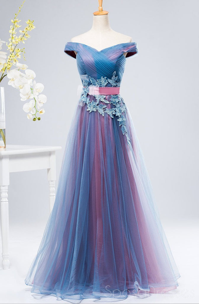 Off Shoulder Blue & Pink Tulle A-line Long Evening Prom Dresses, 17627