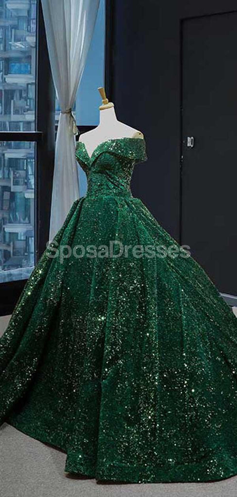 Off Shoulder Emerald Green Sequin Long Evening Prom Dresses, Evening Party Prom Dresses, 12234