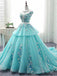 Scoop Cap Mangas Tiffany Blue Lace Long Evening Prom Vestidos, Cheap Custom Sweet 16 Vestidos, 18522