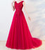 Bright Red A-line V-neck Lace Cheap Long Evening Prom Dresses, Evening Party Prom Dresses, 18647