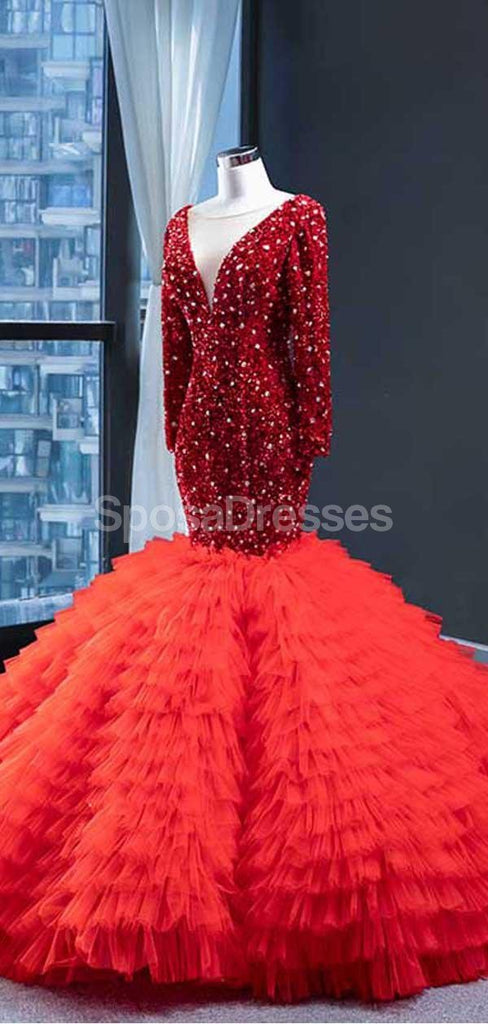 Rojo mangas largas Ruffles sirena vestidos de fiesta de noche, vestidos de fiesta de la noche, 12236