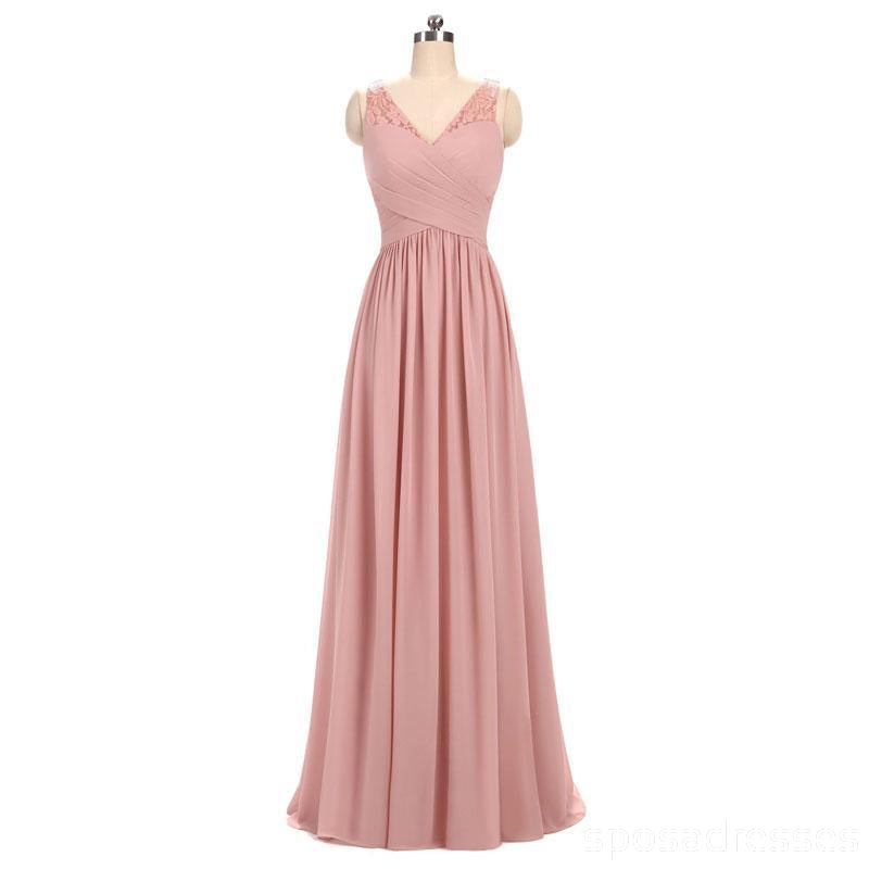 Dusty Pink V Neck Lace Straps Long Chiffon baratos dama de honra vestidos on-line, WG280