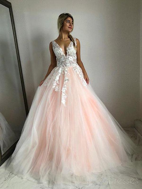 V Neck Lace Peach Tulle A linha longos vestidos de baile, Cheap Sweet 16 vestidos, 18429