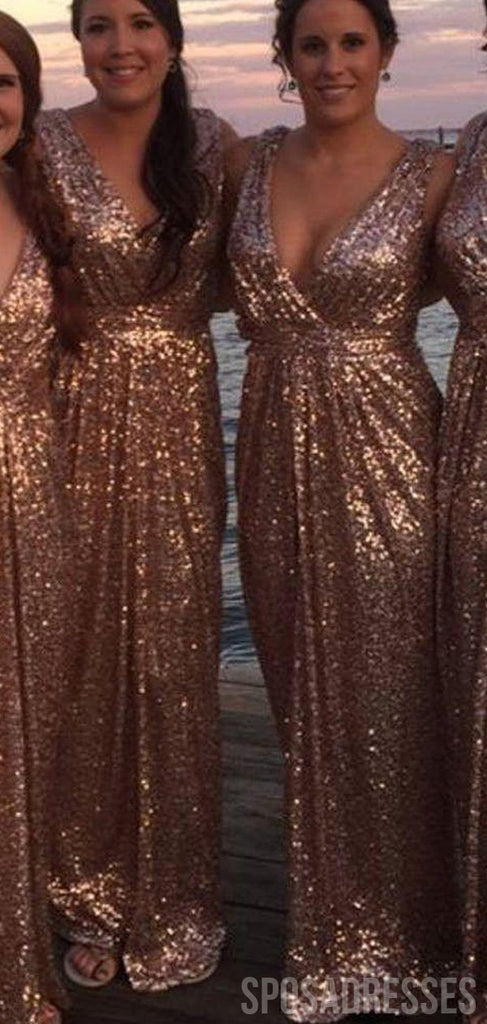 A-line Sequin V Neck Sleeveelsss Cheap Bridesmaid Dresses Online, WG829