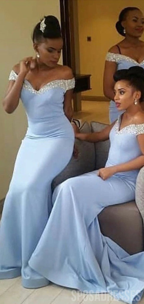 Mermaid Off The Shoulder Blue Long Bridesmaid Dresses Online, WG873