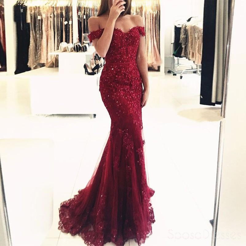 Off Shoulder Burgundy Lace Beaded Evening Mermaid Prom Dresses, Long Sexy Prom Dresses 17132