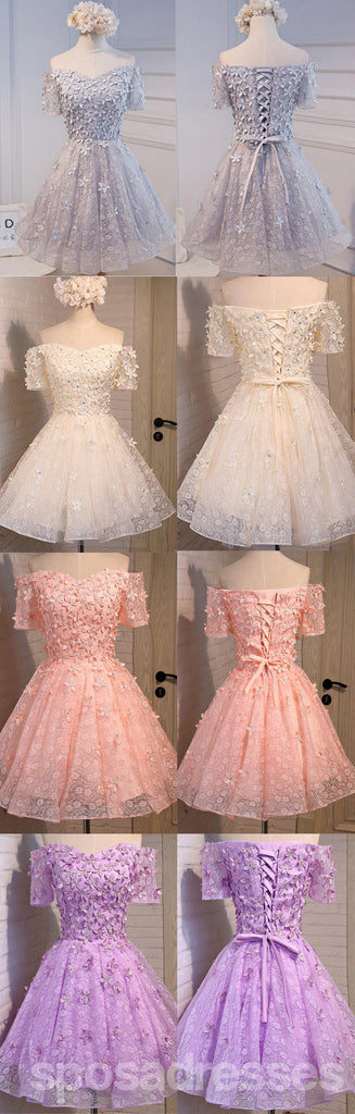 Off Shoulder  Short Sleeve Peach Lace Beaded Homecoming Prom Dresses, Affordable Short Party Prom Dresses, Perfect Homecoming Dresses, CM294