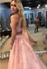 Sexy Halter Two Pieces Pink Lace Long Evening Prom Dresses, Cheap Custom Sweet 16 Dresses, 18538