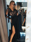 Long Sleeves Black Side Slit Long Evening Prom Dresses, Cheap Custom Sweet 16 Dresses, 18475