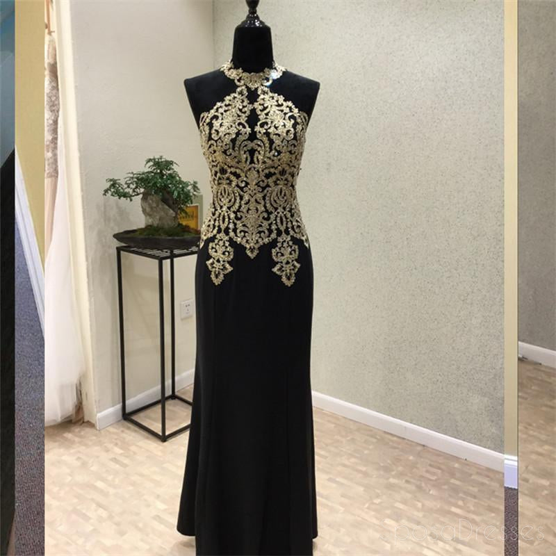 Black Halter Mermaid Gold Lace Beaded Evening Prom Dresses, Popular Black Party Prom Dresses, Custom Long Prom Dresses, Cheap Formal Prom Dresses, 17173