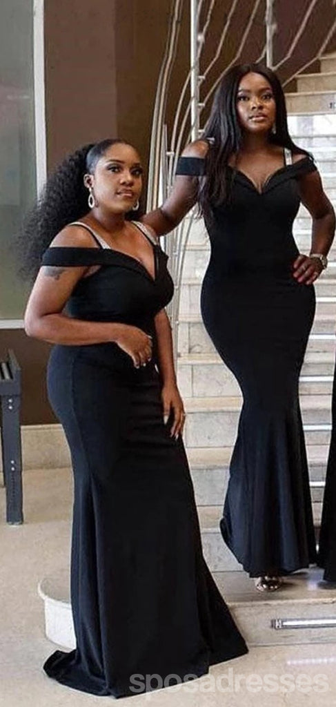 Unique Mermaid Black Off The Shoulder V-Neck Long Bridesmaid Dresses Gown,WG1056