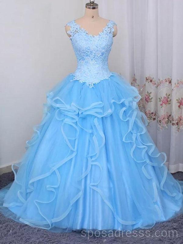 Lace Straps Blue Ball Gown Long Evening Prom Dresses, Cheap Custom Sweet 16 Dresses, 18543