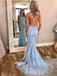 Sexy Backless Blue Lace Mermaid Scoop Long Evening Prom Dresses, Cheap Sweet 16 Vestidos, 18380