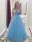 V Neck Beaded A-line Tulle Cheap Long Evening Prom Dresses, Custom Sweet16 Dresses, 18408