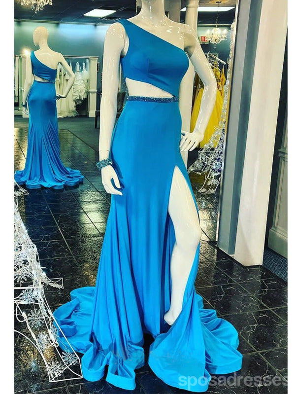 Unique Blue Mermaid One Shoulder High Slit Long Prom Dresses,13059