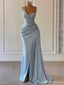 Sexy Blue Mermaid One Shoulder High Slit Cheap Long Prom Dresses,13020