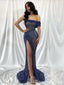 Sexy Blue Mermaid One Shoulder High Slit Long Prom Dresses,13096