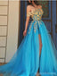 Floral Blue A-line Off Shoulder High Slit Cheap Long Prom Dresses Online,12803