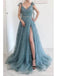 Gorgeous A-line High Slit V-neck Long Prom Dresses Online,Evening Party Dresses,12704