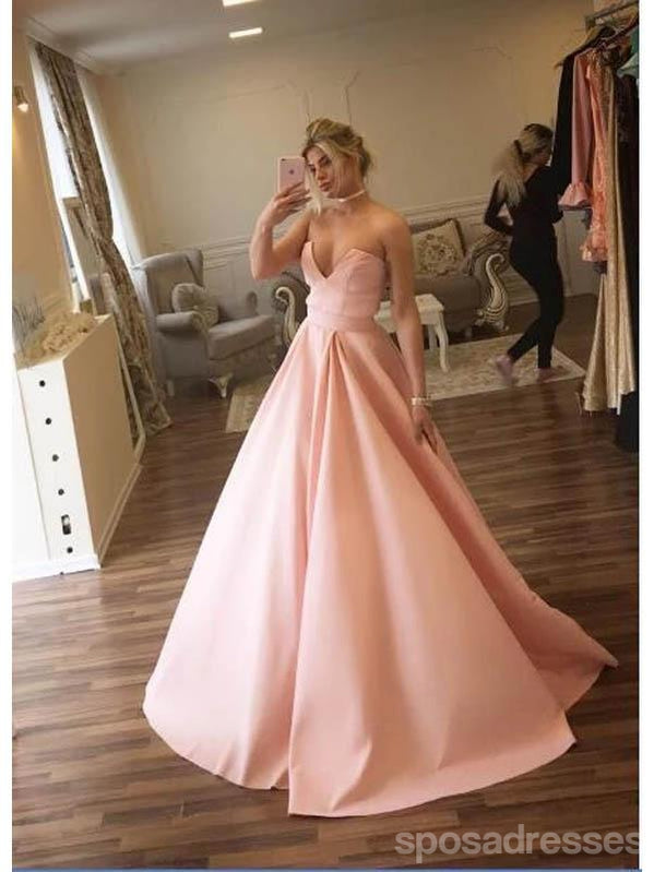 Simple Blush Pink A-line Sweetheart V-neck Long Prom Dresses Online,12675