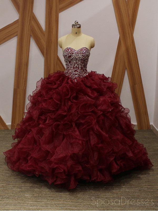 Maroon Ball Gown Beaded Organza Long Evening Prom Dresses, Cheap Sweet 16 Dresses, 18359