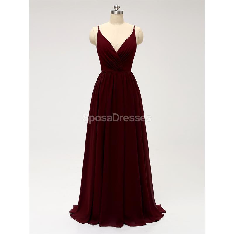 Dark Red Spaghetti Straps Chiffon Open Back Cheap Bridesmaid Robes en ligne, WG584