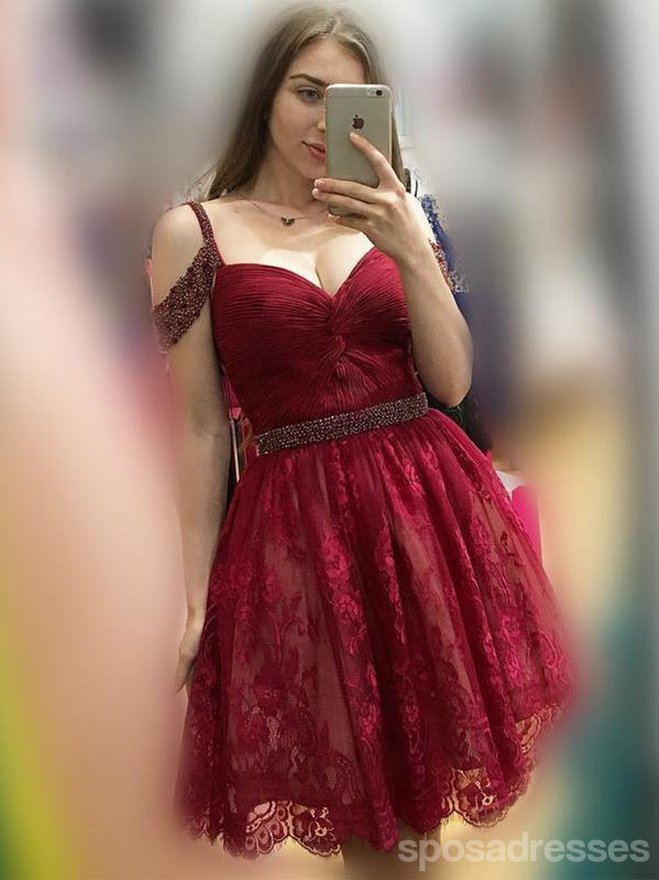 Hors de l'Épaule Mignon Court en Dentelle Rouge Foncé Robes de bal 2018, CM476