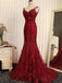 Red Lace Mermaid V-neck Cheap Long Evening Prom Dresses, Evening Party Prom Dresses, 18643