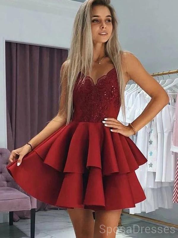 Correas espaguetis Vestidos de fiesta cortos rojos oscuros en línea, vestidos de fiesta cortos baratos, CM842