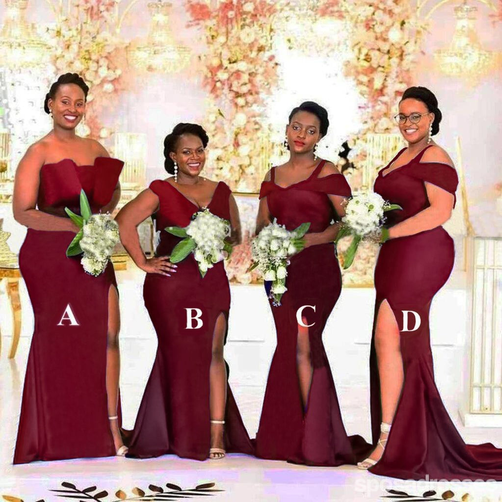 Mismatched Burgundy Mermaid High Slit Long Bridesmaid Dresses Gown Online,WG1117