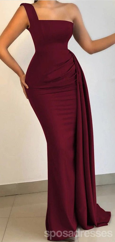 Burgundy Mermaid One Shoulder Cheap Long Bridesmaid Dresses,WG1436