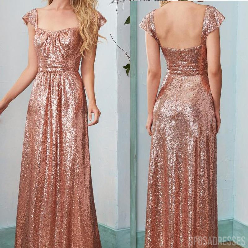 A-line Cap Sleeves Sequin Long Bridesmaid Dresses Online, WG882