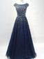 Cap Sleeves Navy Tulle Beaded Long Evening Prom Dresses, Cheap Custom Party Prom Dresses, 18586