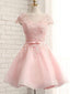 Cap Sleeve Pink Lace Beaded Tulle Short Homecoming Dresses, Cheap Homecoming Dresses, CM368