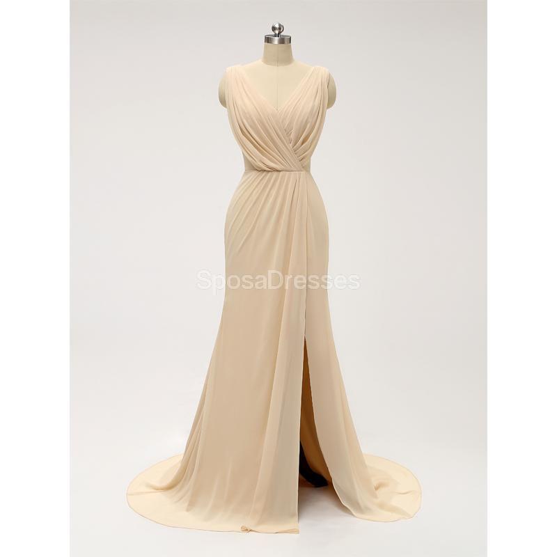 V Neck Side Slit Ruffle Chiffon Cheap Bridesmaid Online, WG586