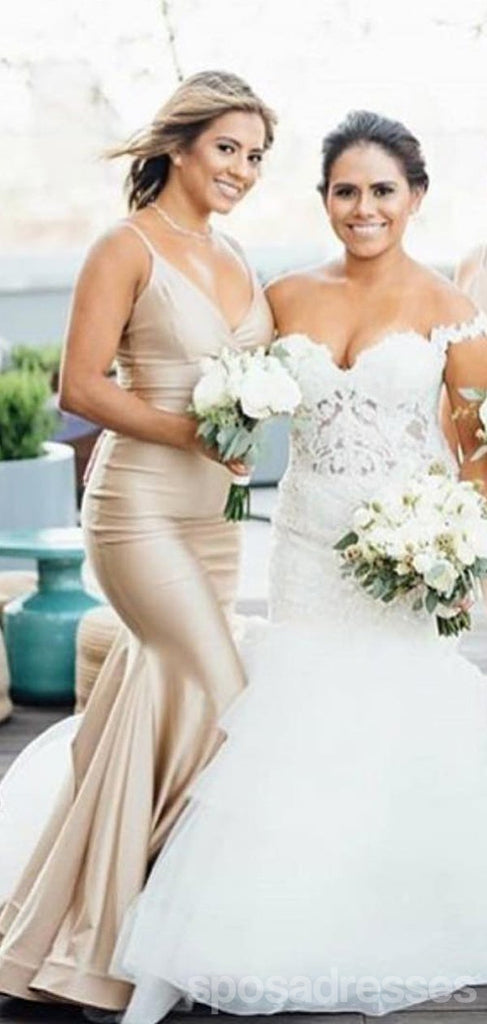 Mermaid Light Champagne Spaghetti Straps V-neck Long Bridesmaid Dresses Gown Online,WG1121