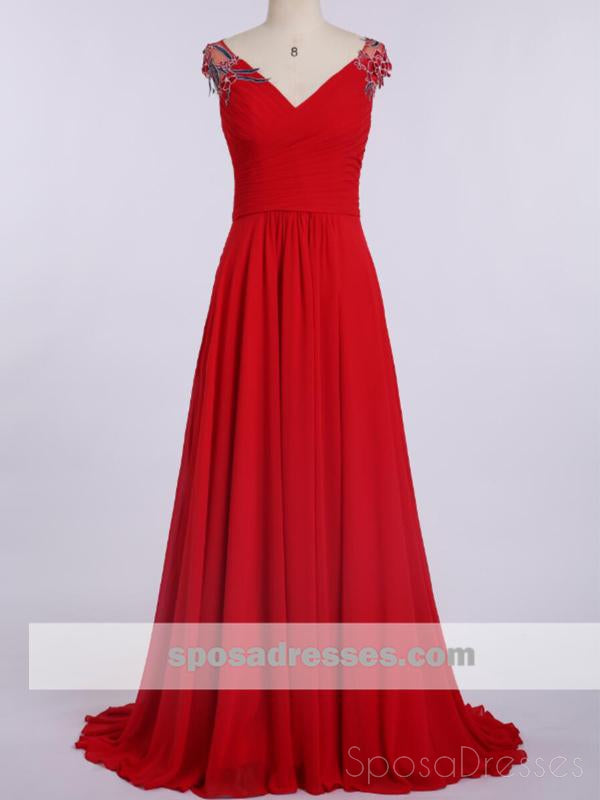 Simple V Neck Chiffon Red Cheap Long Evening Prom Dresses,  Custom Sweet16 Dresses, 18402