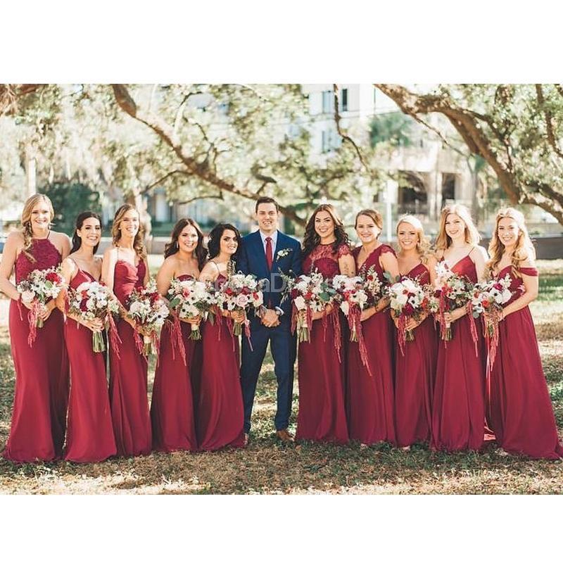 Mismatched Chiffon Dark Red Long Bridesmaid Dresses Online, WG688