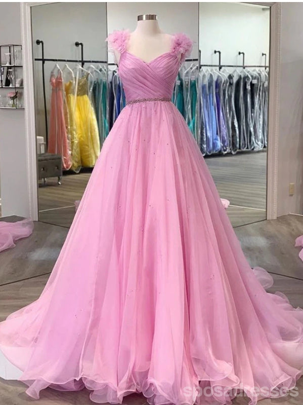 Simple Pink A-line V-neck Cheap Long Prom Dresses Online,12817