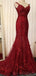 Red Lace Mermaid V-neck Cheap Long Evening Prom Dresses, Evening Party Prom Dresses, 18643