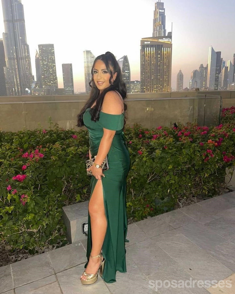 Emerald Green Mermaid Off Shoulder High Slit Cheap Long Bridesmaid Dresses,WG1301