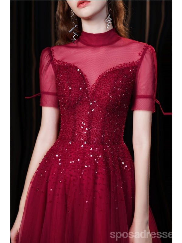 Burgundy A-line Short Sleeves Openback Long Prom Dresses Online,12767