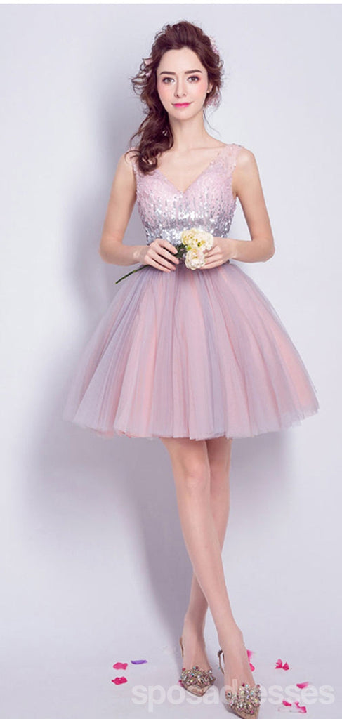 V Neck Dusty Pink Tulle Beaded Short Homecoming Dresses Online, Robes de bal courtes pas chères, CM845