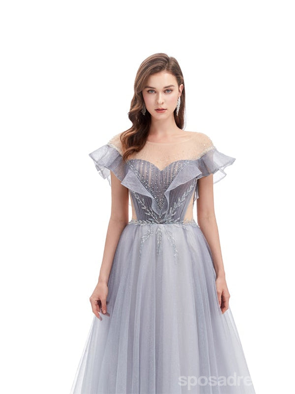 Grey A-line Short Sleeves Off Shoulder Long Prom Dresses Online,12775